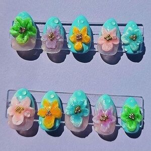 Floral Press-On Nails Set - Blue, Green, Yellow, Pink Colorful 3D Flowers